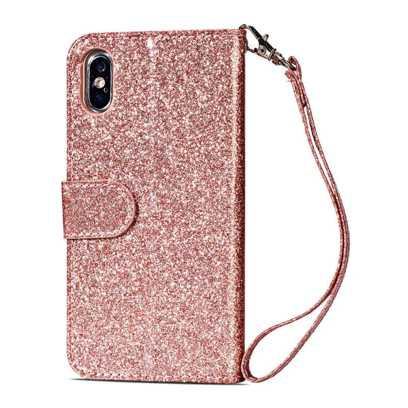 PU leather zipper closure phone case for iPhone in black, shown next to silver and rose gold options.