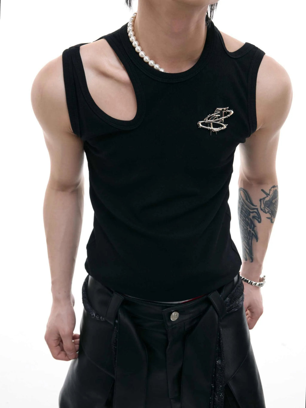 Retro crocheted hollow sleeveless polyester top with metal decoration in white, front view, slim fit