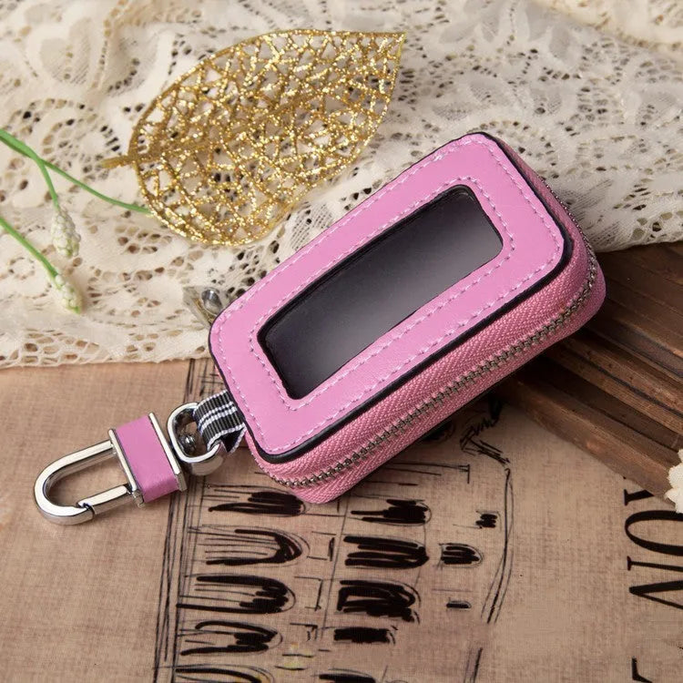 White genuine leather car key case with plain weave pattern and square vertical shape