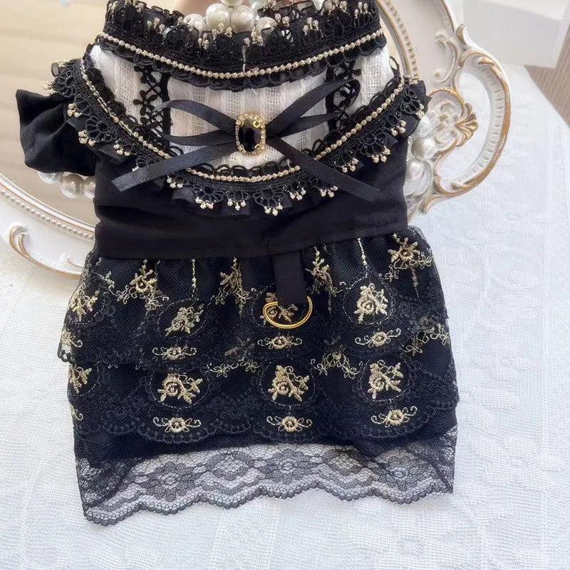 Golden Gothic princess skirt pet dress for dogs and cats with size chart