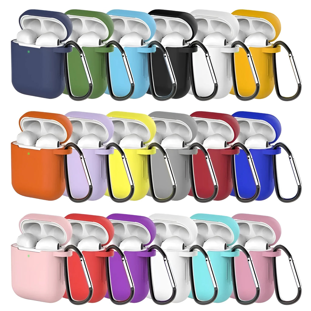 Silicone AirPods case for AirPods 1 and 2 in various colour options showing clamshell design