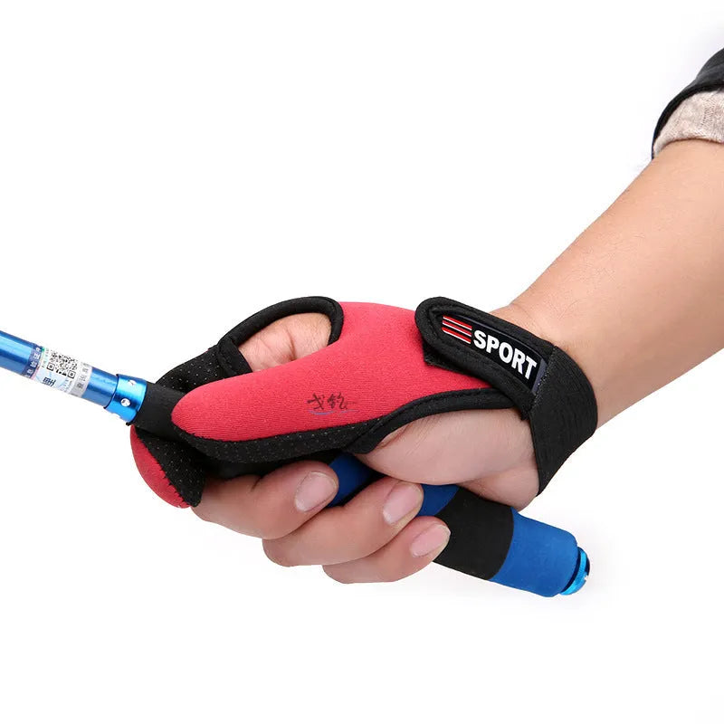 Two finger fishing glove showing diving cloth back and microfiber palm, available in right or left hand colours.
