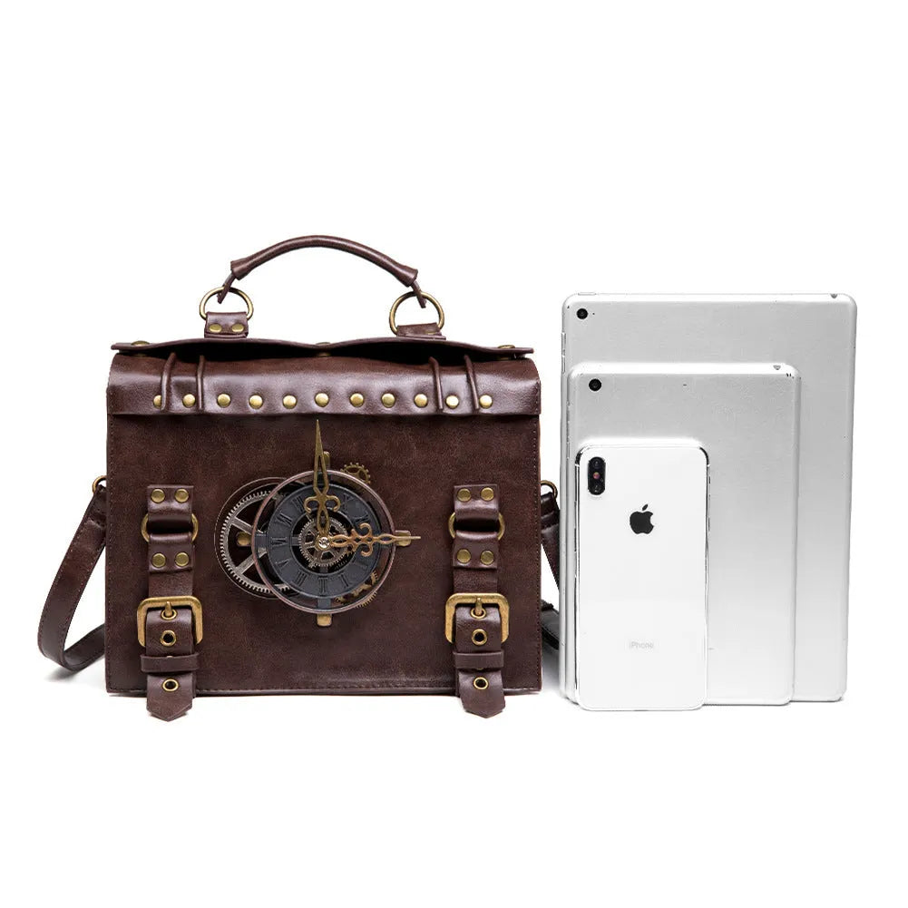Bronze steampunk shoulder bag with textured PU, metal hardware, and square pillow shape.