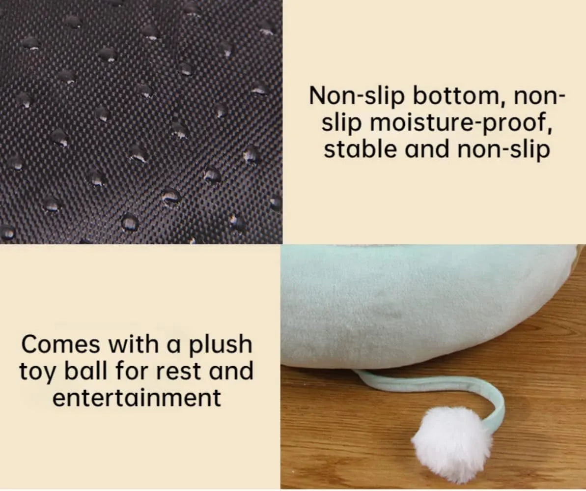 Green chick-shaped cat bed shown both flat and hanging as a hammock, for small pets.