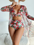 Women's multicolour printed bikini three-piece set with high elasticity construction