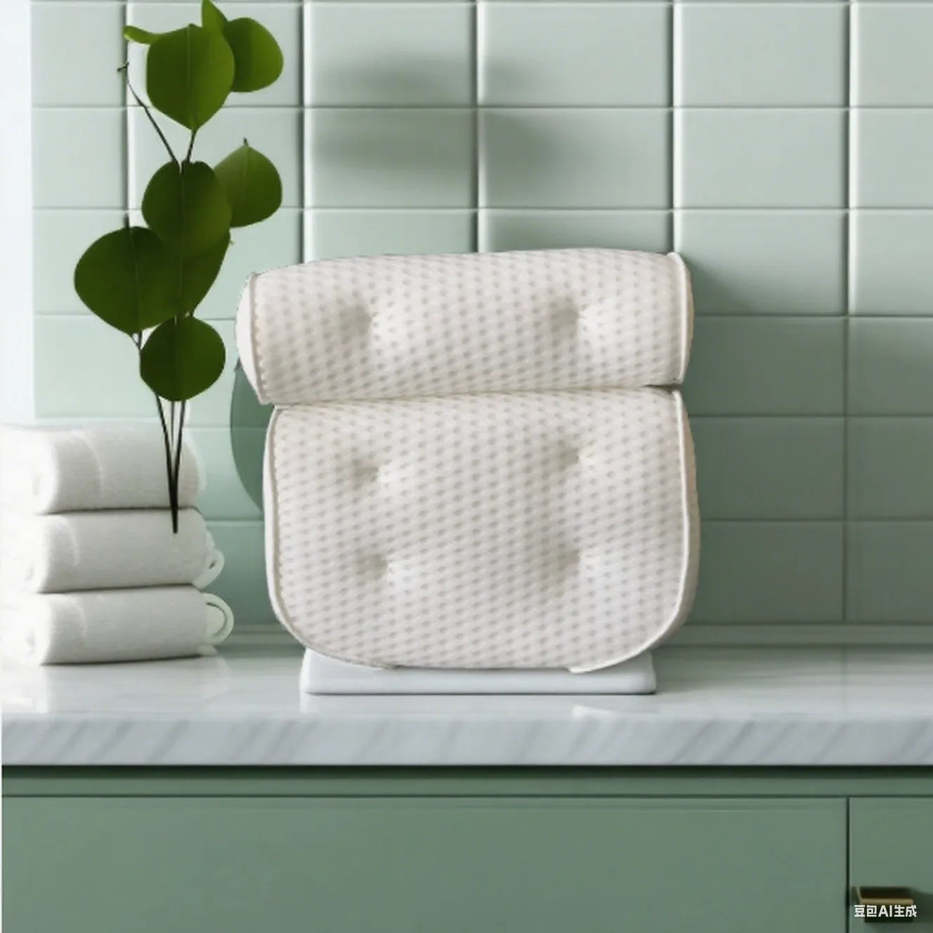 White 4D mesh bathtub pillow with suction cups on a bathtub edge.
