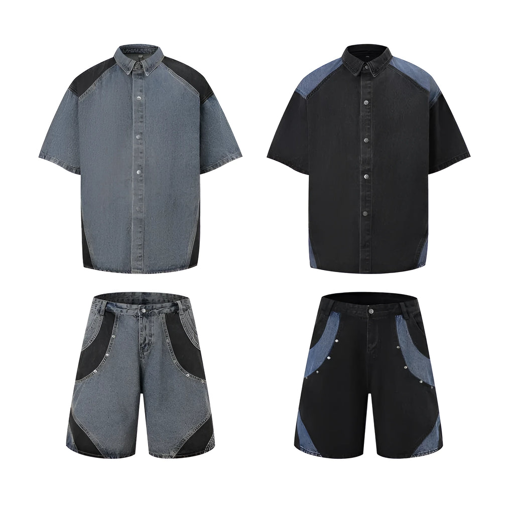 Retro washed denim suit with short sleeve jacket and matching trousers in black and blue colour options