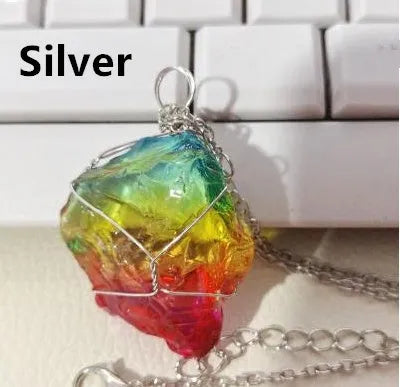 Natural rough-dyed rainbow quartz crystal pendant on alloy chain necklace, blue colour option