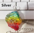 Natural rough-dyed rainbow quartz crystal pendant on alloy chain necklace, blue colour option