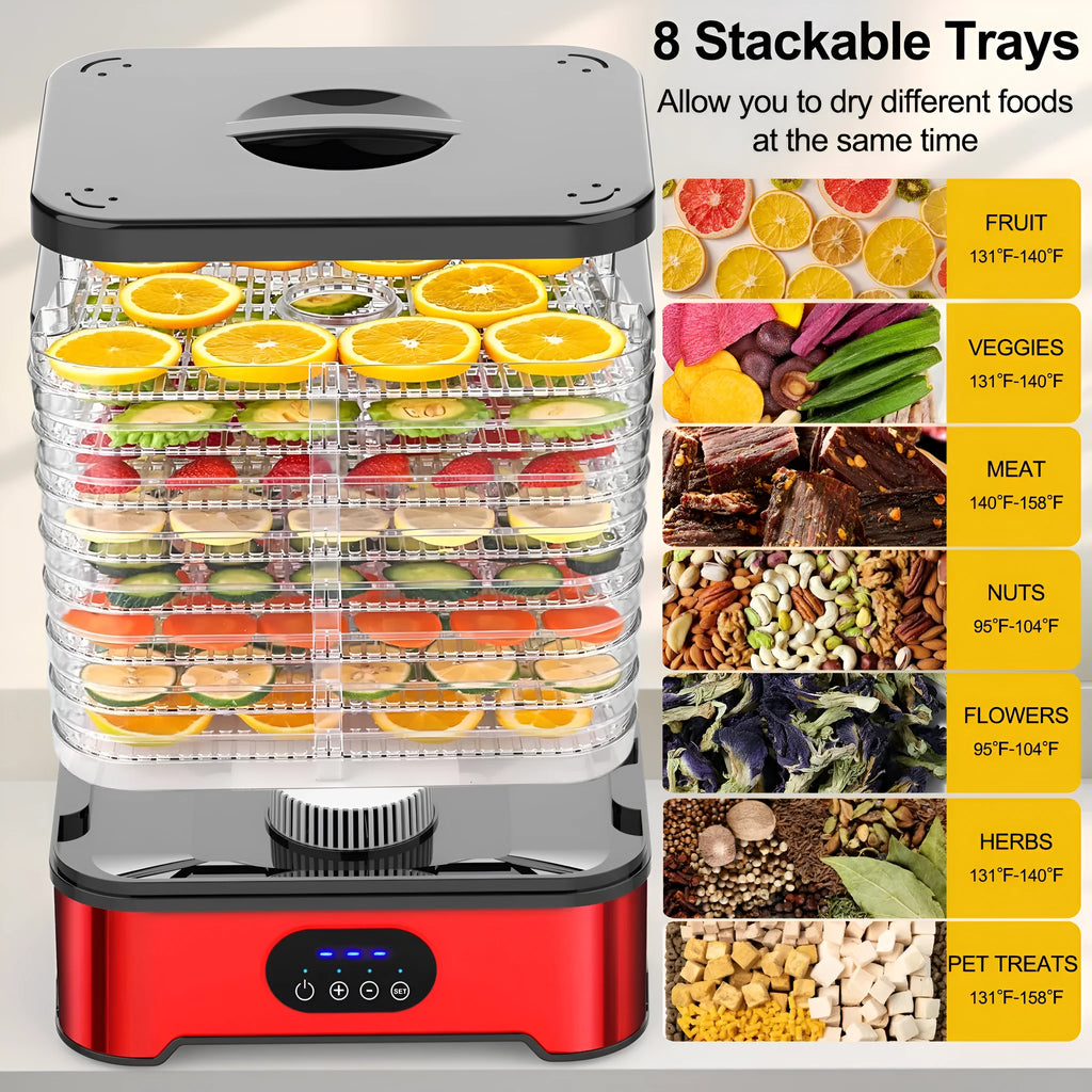 Silver or red household food dehydrator with 8 drying trays, collapsed for storage at 29cm height