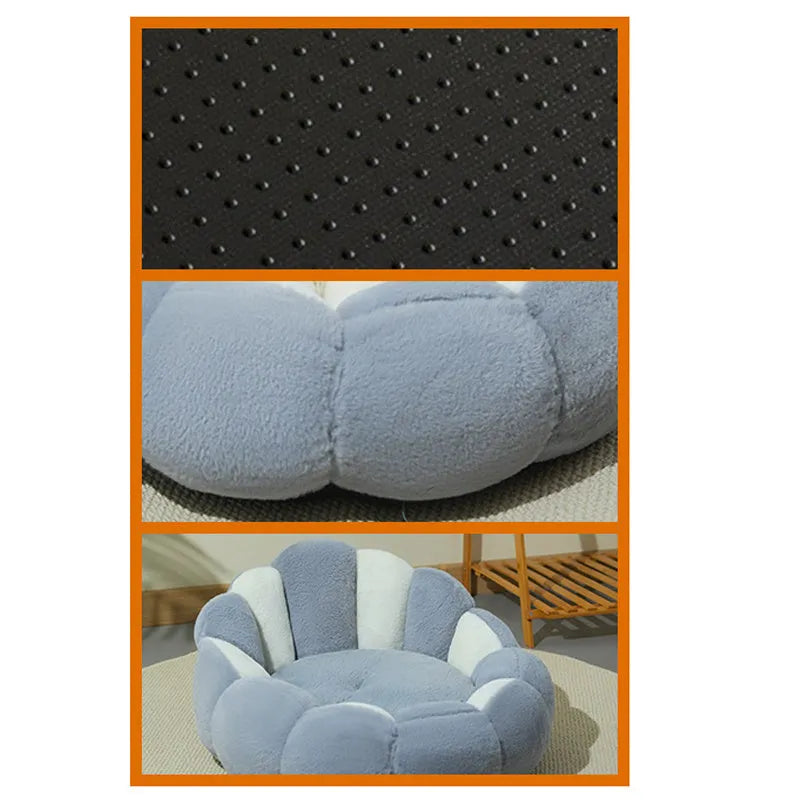 Greyish-white rabbit fur lined pet shell nest bed for cats and small dogs in three sizes.