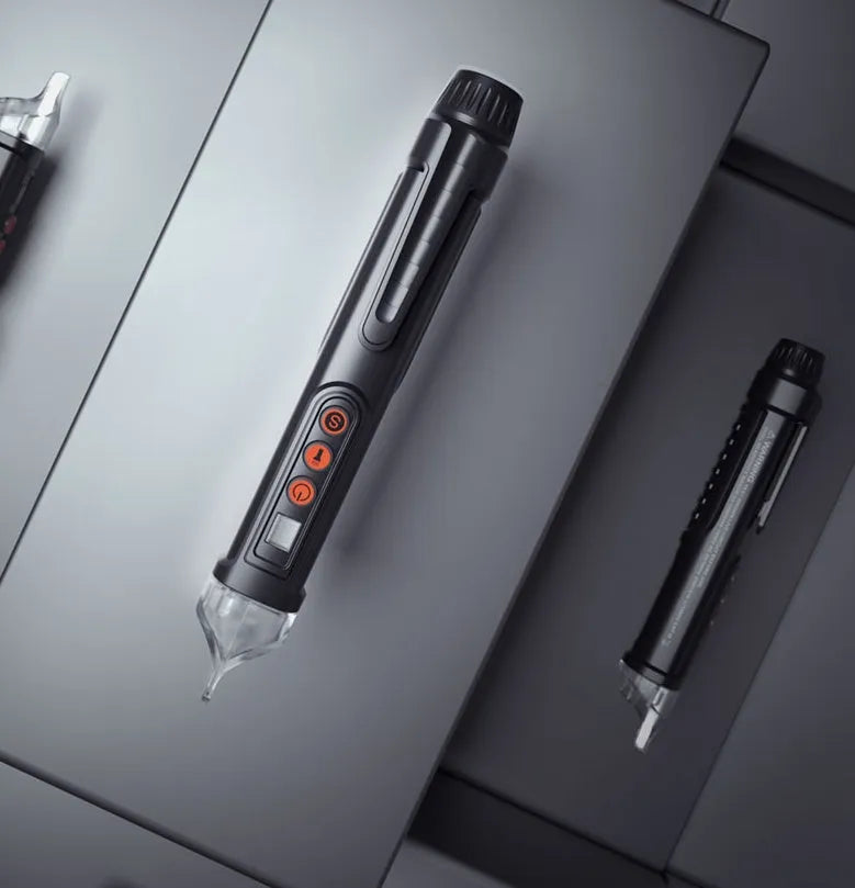 Black intelligent electrical test pencil with display screen and sensor tip for line detection