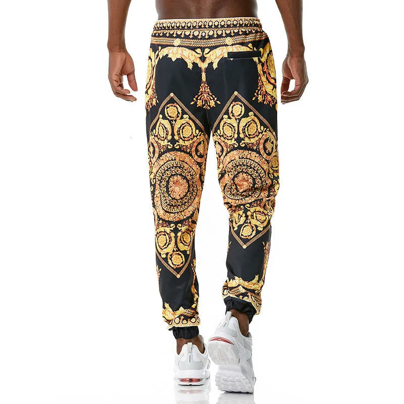Printed jogging pants for young people, loose fit, polyester blend, mid waist with belt, digital print, ribbed hem