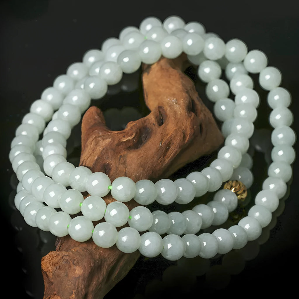 Natural jade bead necklace with round white and green beads on adjustable chain