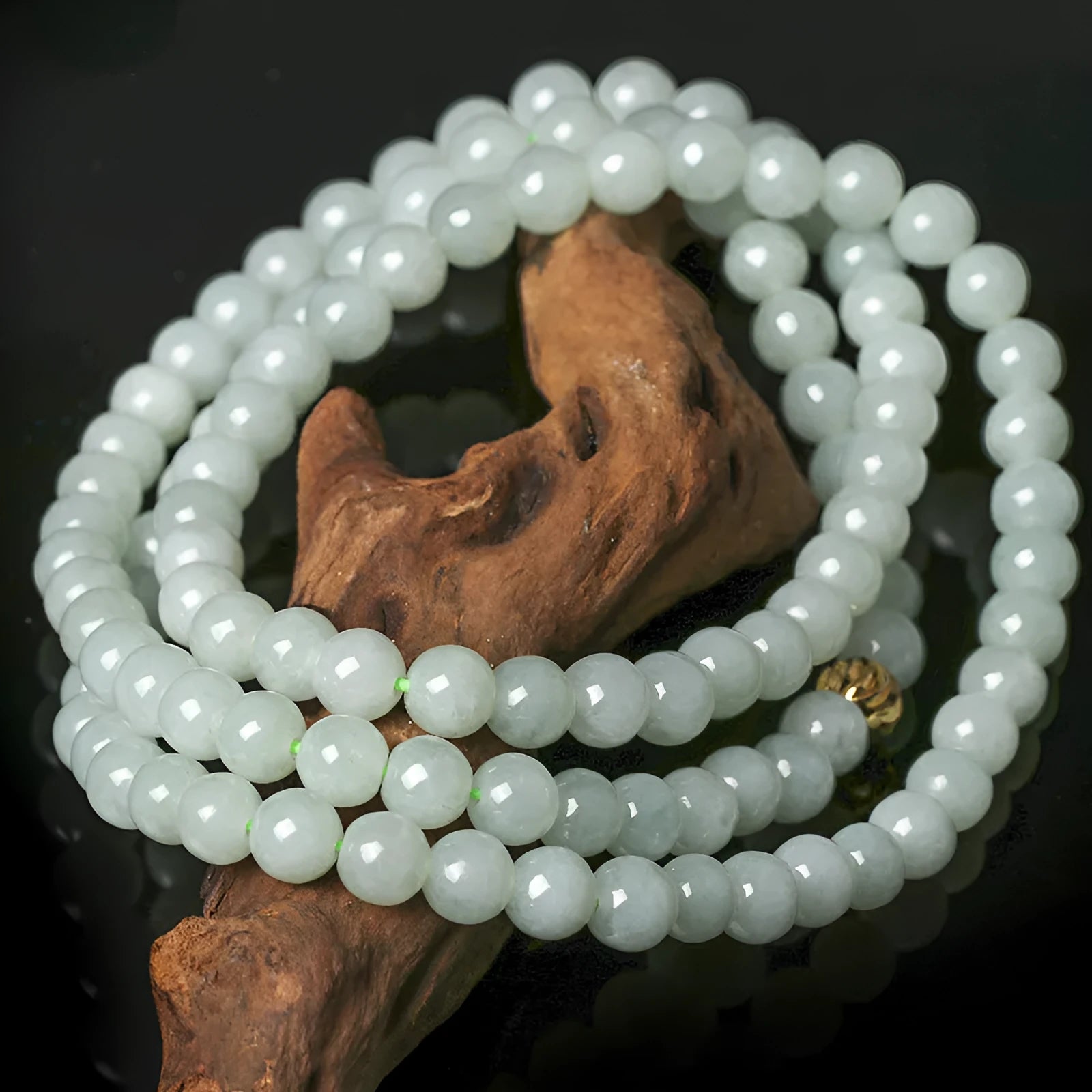 Natural jade bead necklace with round white and green beads on adjustable chain