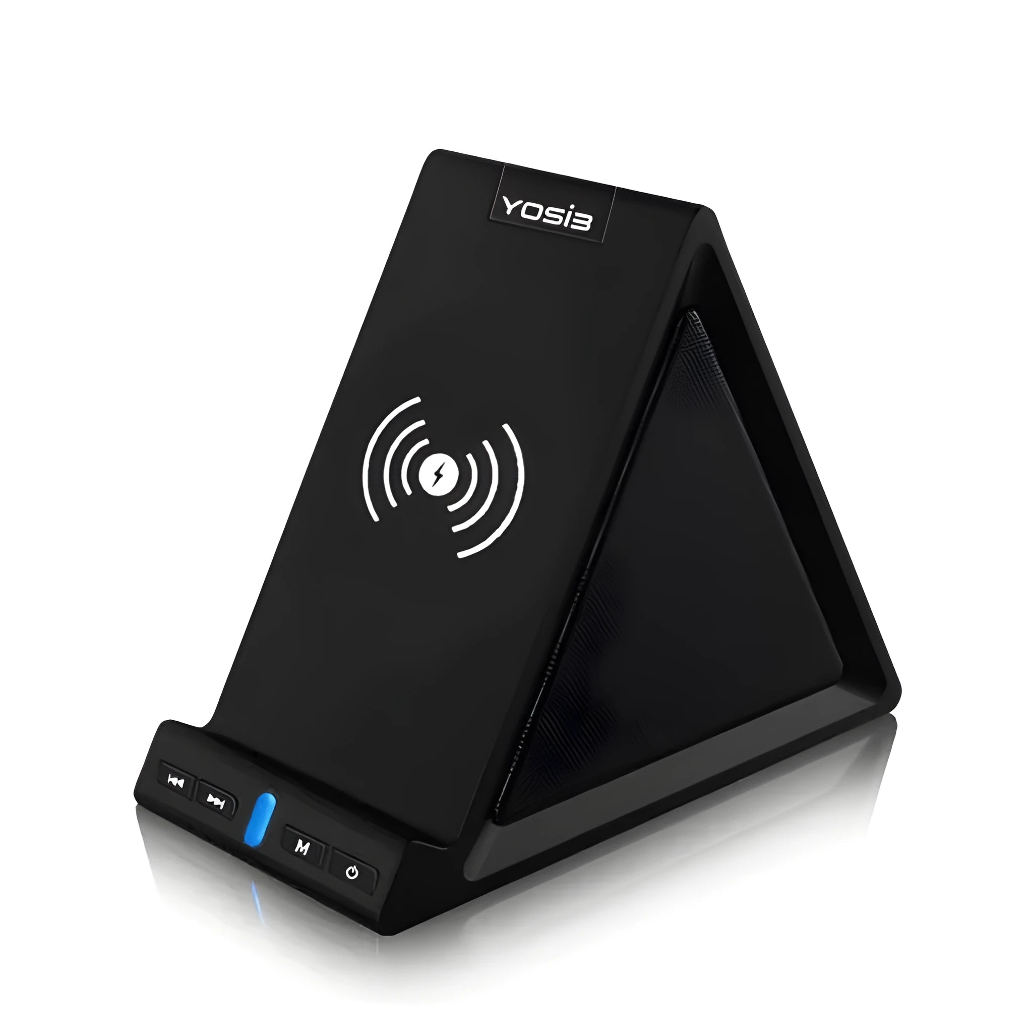 Black multifunction Bluetooth speaker with integrated mobile phone charging stand and holder.