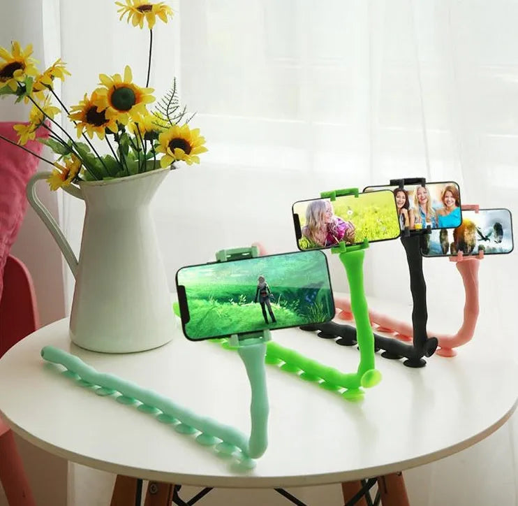 Flexible black rubber lazy bracket phone holder extended to 62cm with suction cup base