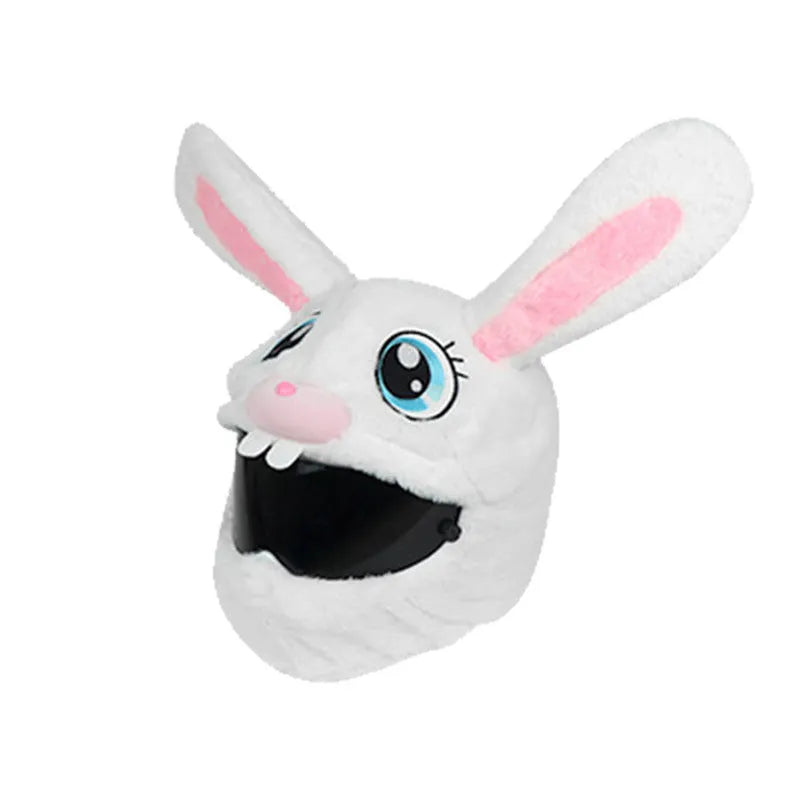 White rabbit head plush helmet cover for electric motorcycles on a helmet.