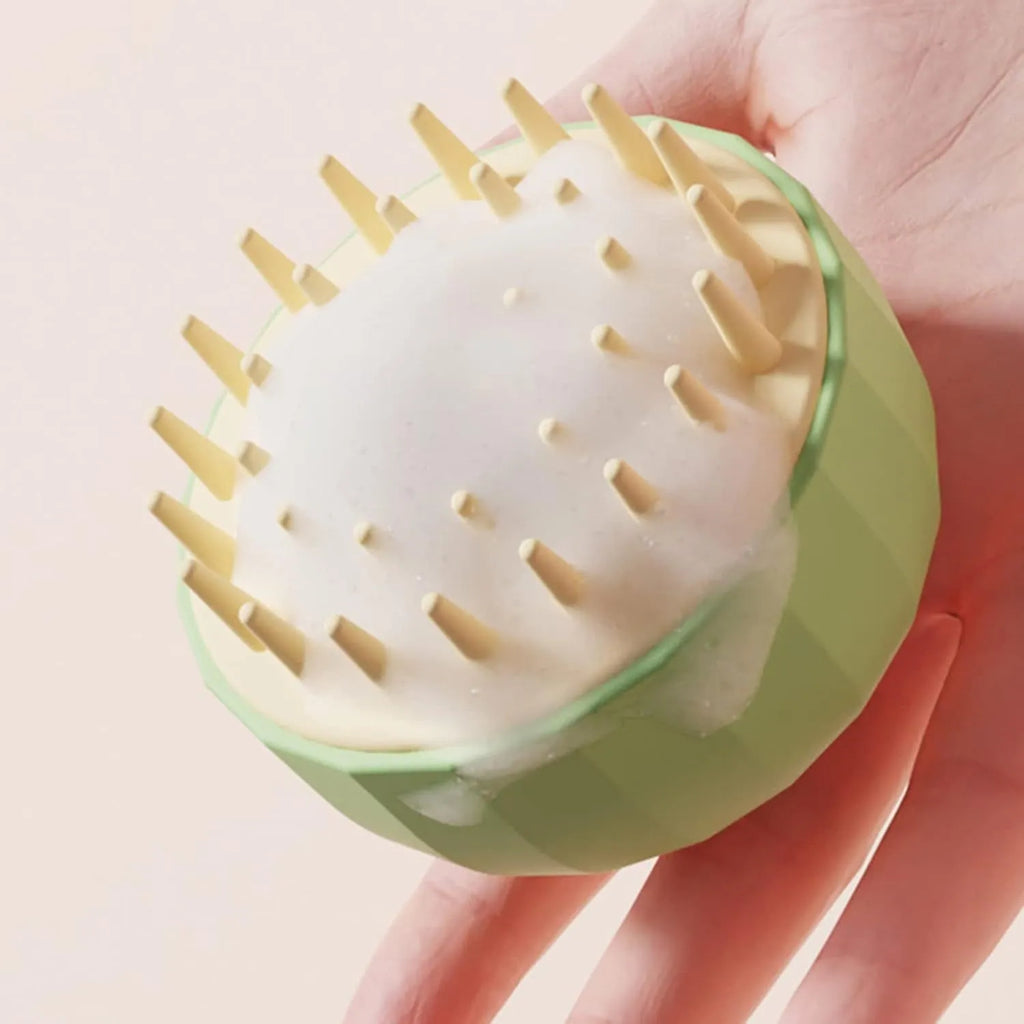 Green pink or white pet bath massage brush with soft silicone bristles and drain holes for dog and cat washing