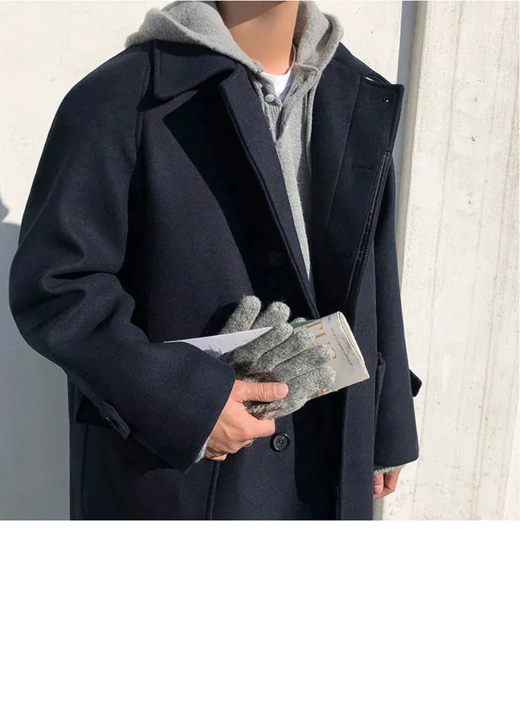 Plus-size women's British style woolen cloth trench coat in blue, slim fit, size M to 2XL