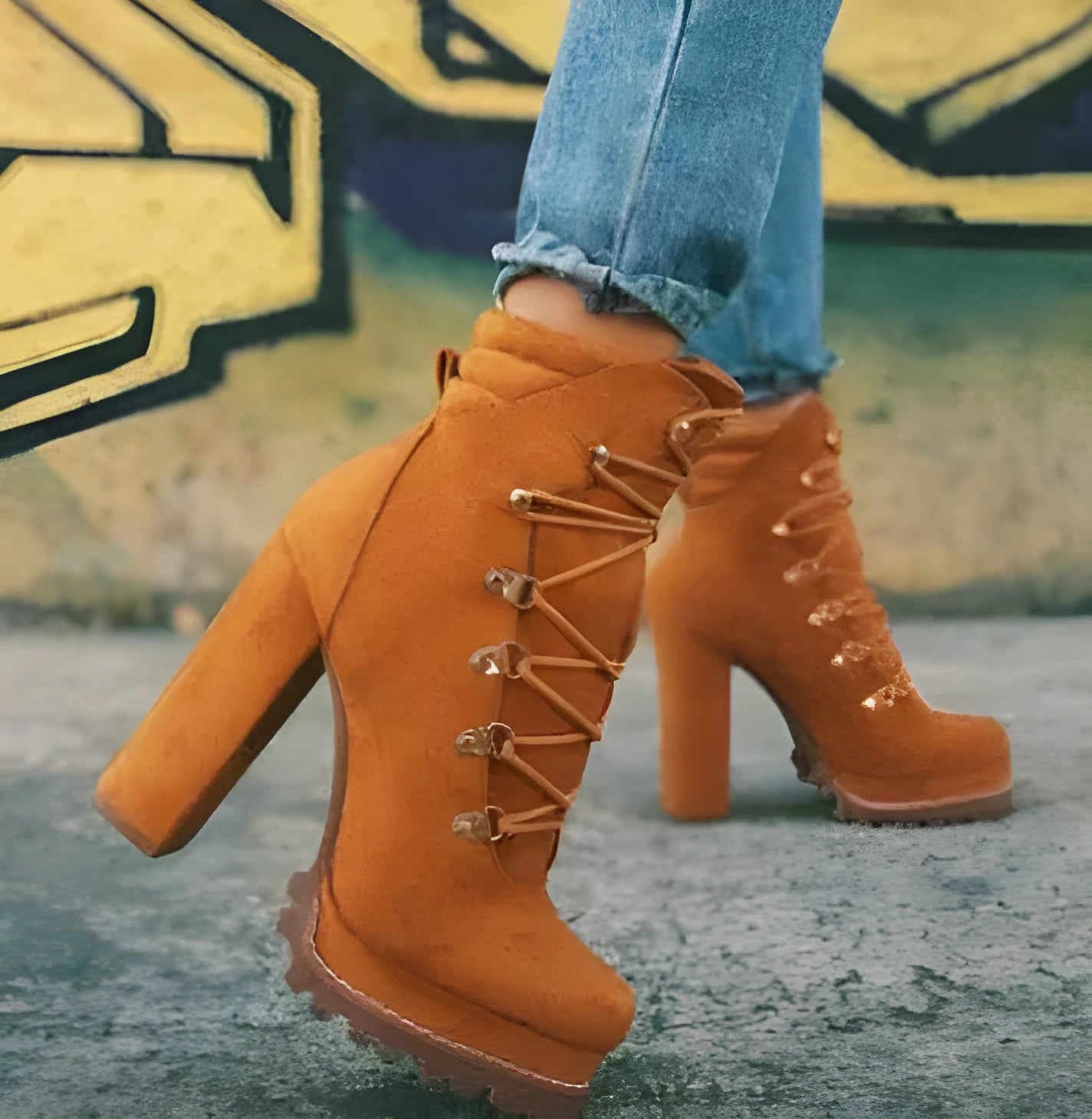 Women's suede high-heel boots in army green with thick heel, round toe, and belt buckle