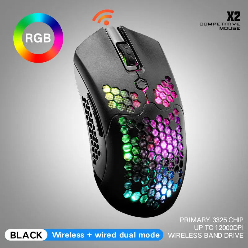Free Wolf X2 wireless gaming mouse with RGB lighting in multiple colour options on a desk.