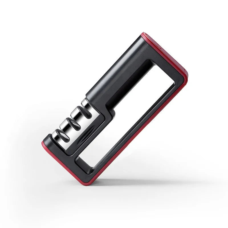 Black and red professional three-stage diamond knife sharpener with non-skid feet