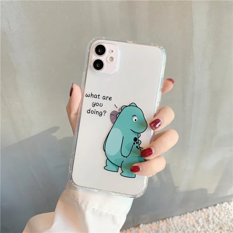 Transparent airbag shockproof mobile phone case for iPhone with green dinosaur design on clear back.