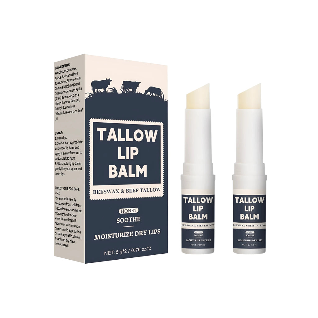 Two standard size lip balms with beef fat formula and light grain texture.