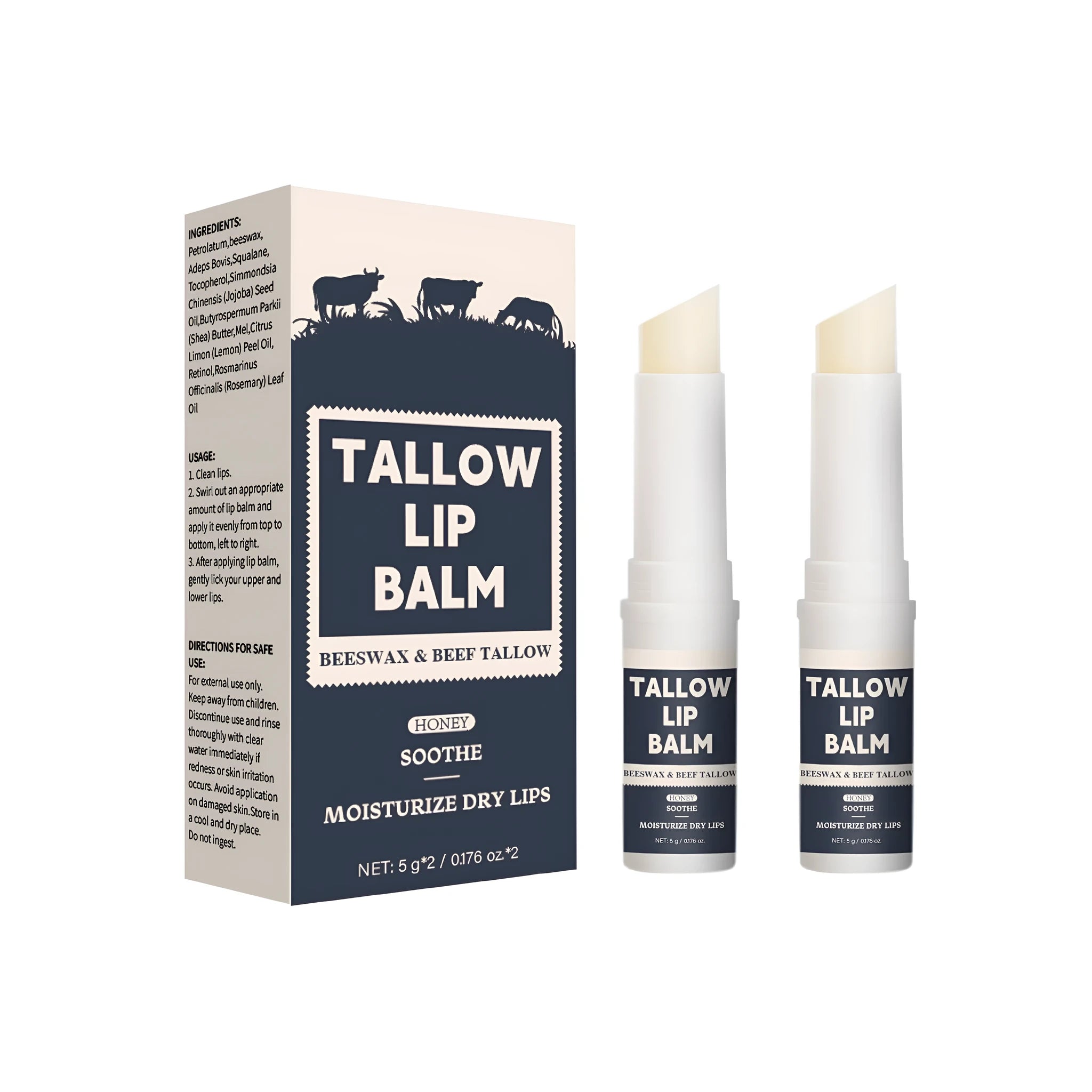 Two standard size lip balms with beef fat formula and light grain texture.