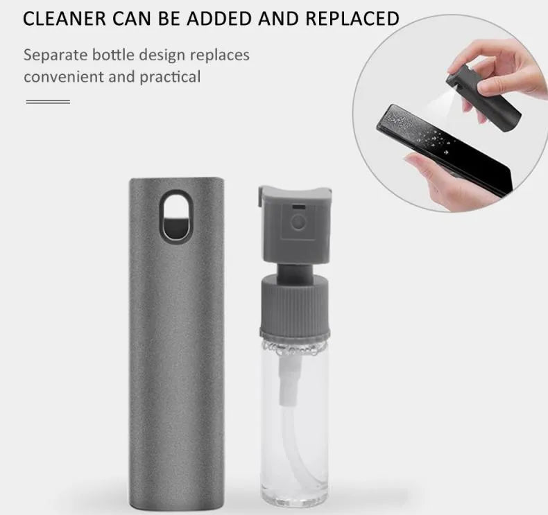 2-in-1 screen cleaner kit with spray bottle and microfiber cloth in pink and grey for phone and computer screens