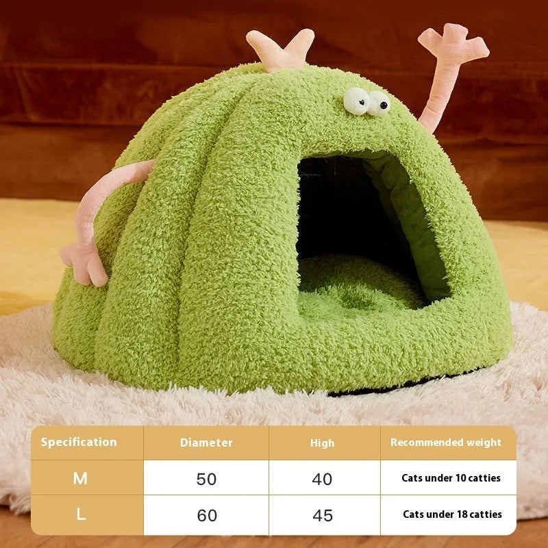 Monster-shaped semi-enclosed cat kennel pet bed in PP cotton bubble velvet fabric