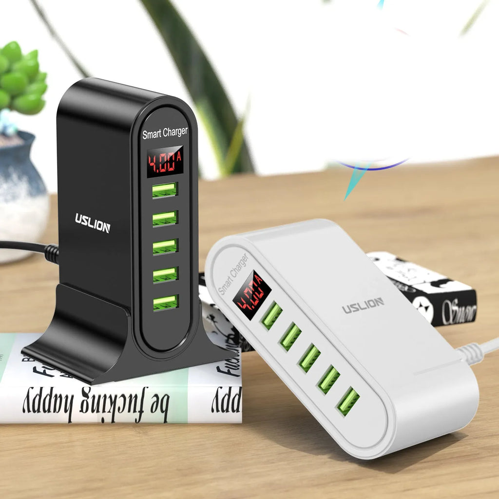 Smart LED digital display USB wall charger in black or white with selectable EU, UK, or US plug styles.