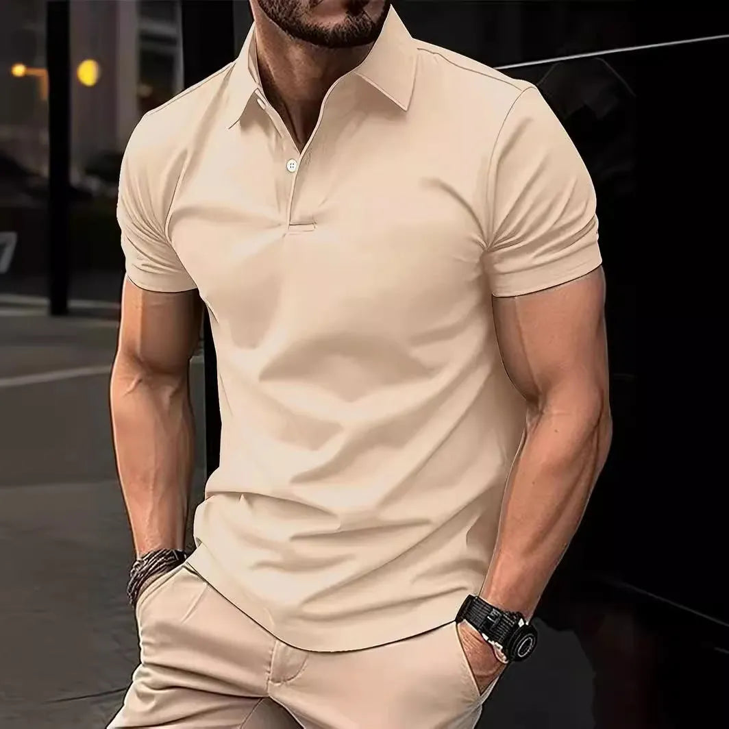 Men's slim fit casual short sleeve button-down shirt in a solid colour.
