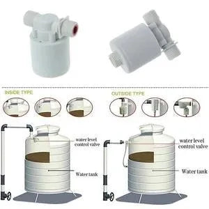 White nylon automatic float valve with multiple thread size options for water tanks.