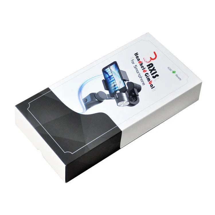 Black handheld 3-axis motorised gimbal stabiliser for mobile phones on a dark background.