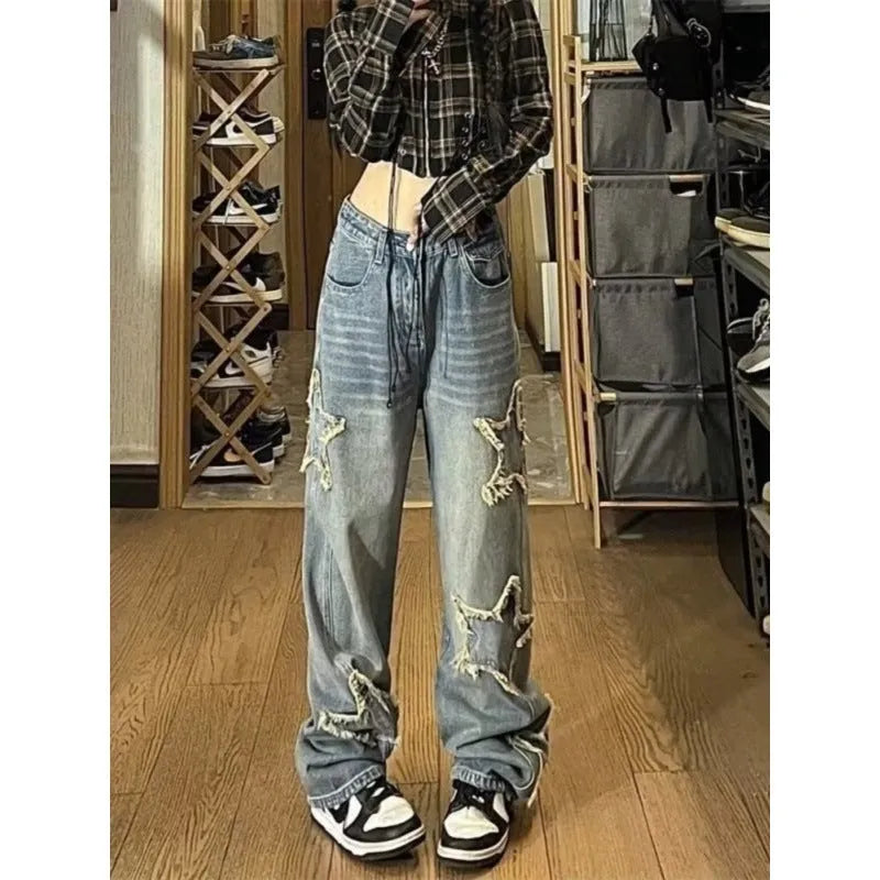 Blue high waist wide leg women's jeans in straight cut cotton denim trousers