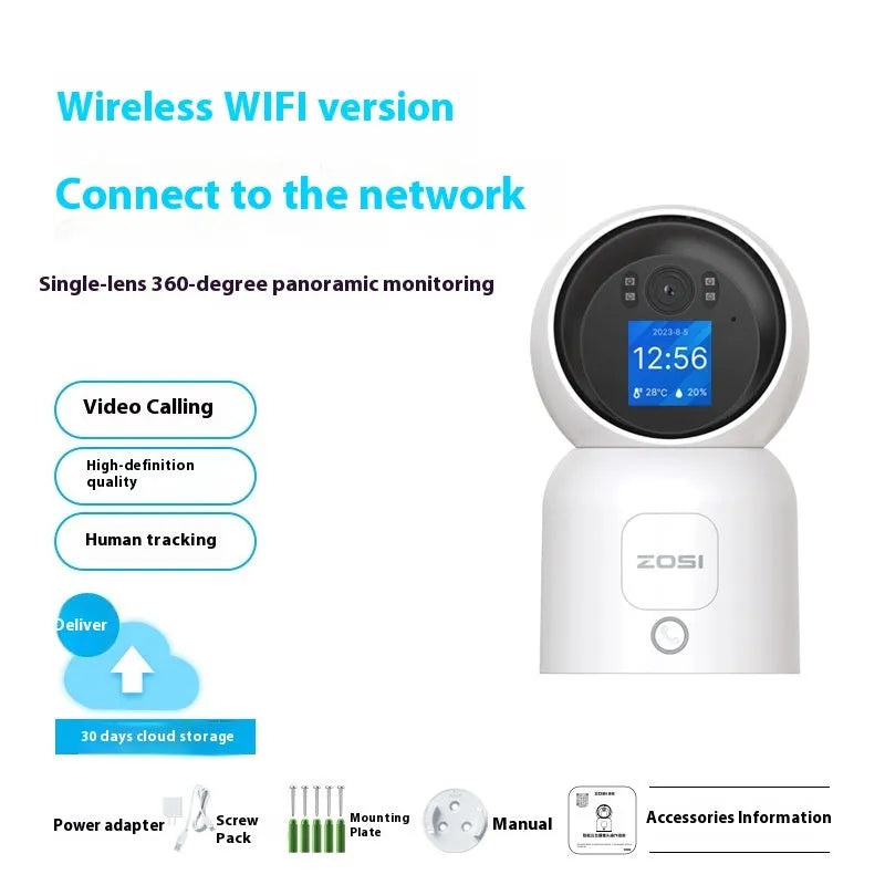 Wireless indoor security camera with plastic housing and screw bracket for mounting