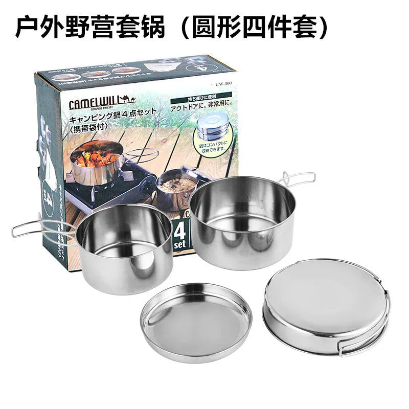 Silver stainless steel camping cookware pot set with 4-piece round design for 2-3 people