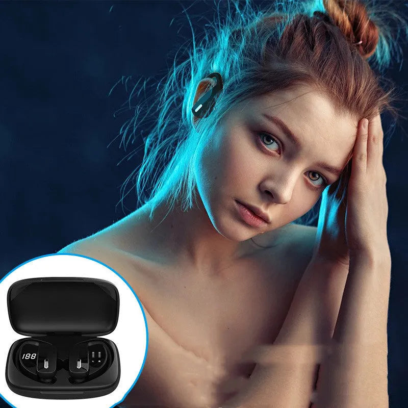 Black hanging ear wireless Bluetooth headset with LED digital display showing battery status