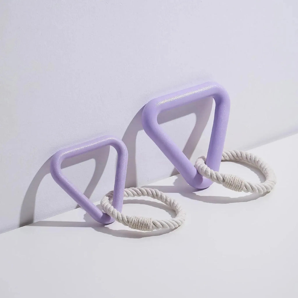 Large triangular cotton rope pull ring dog toy in beige, pink, and purple colour options