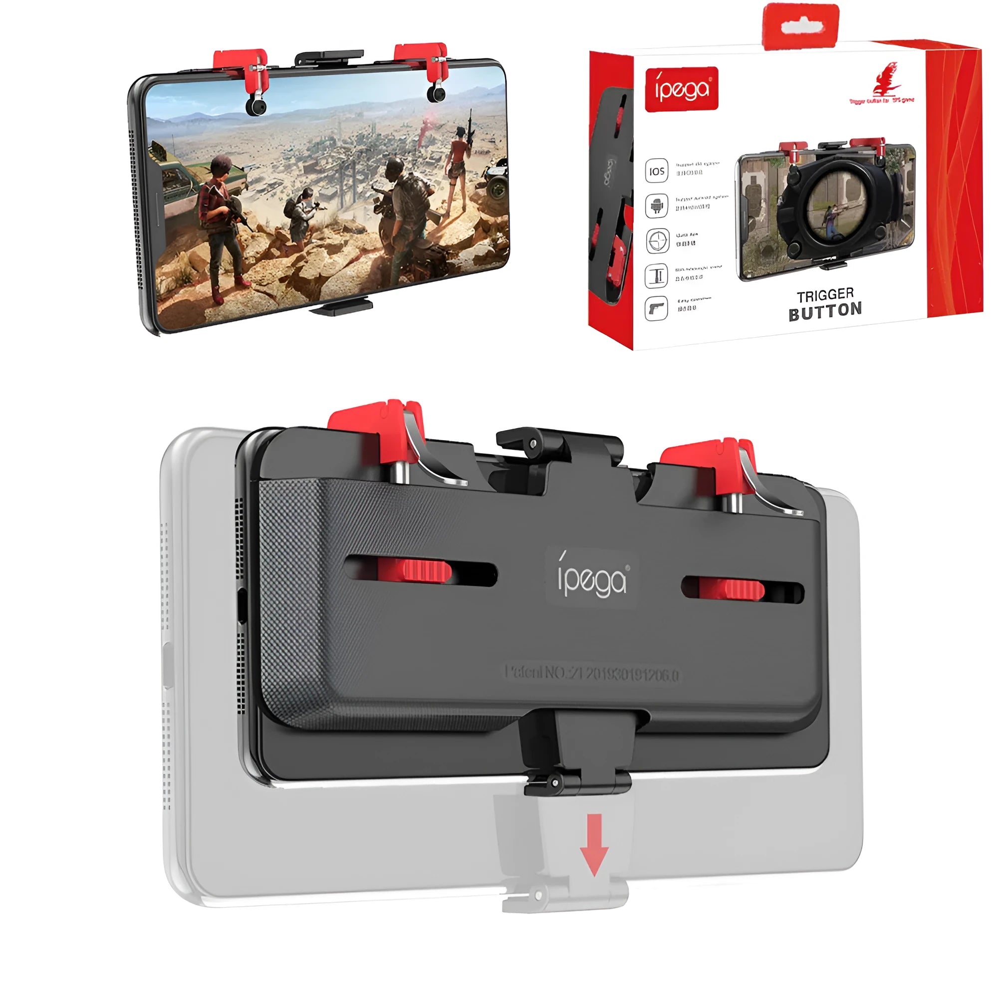 Black PG-9137 mobile phone gaming trigger stand with adjustable metal trigger and telescopic phone clip.
