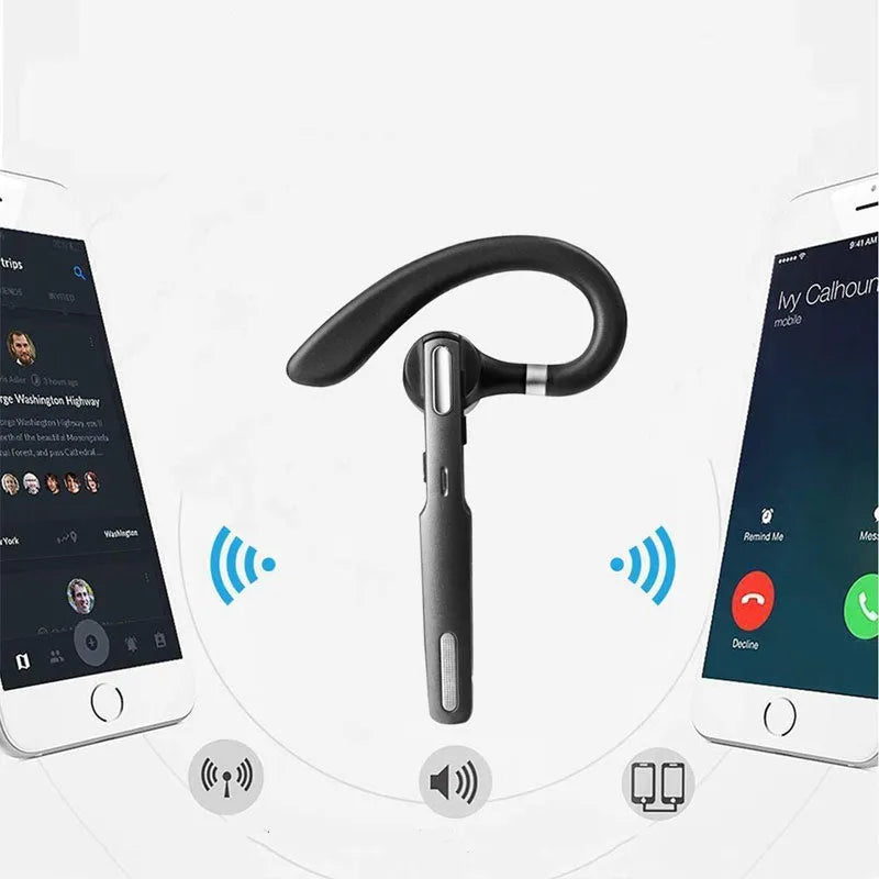 Black mono Bluetooth headset with a hook for hanging over the ear.