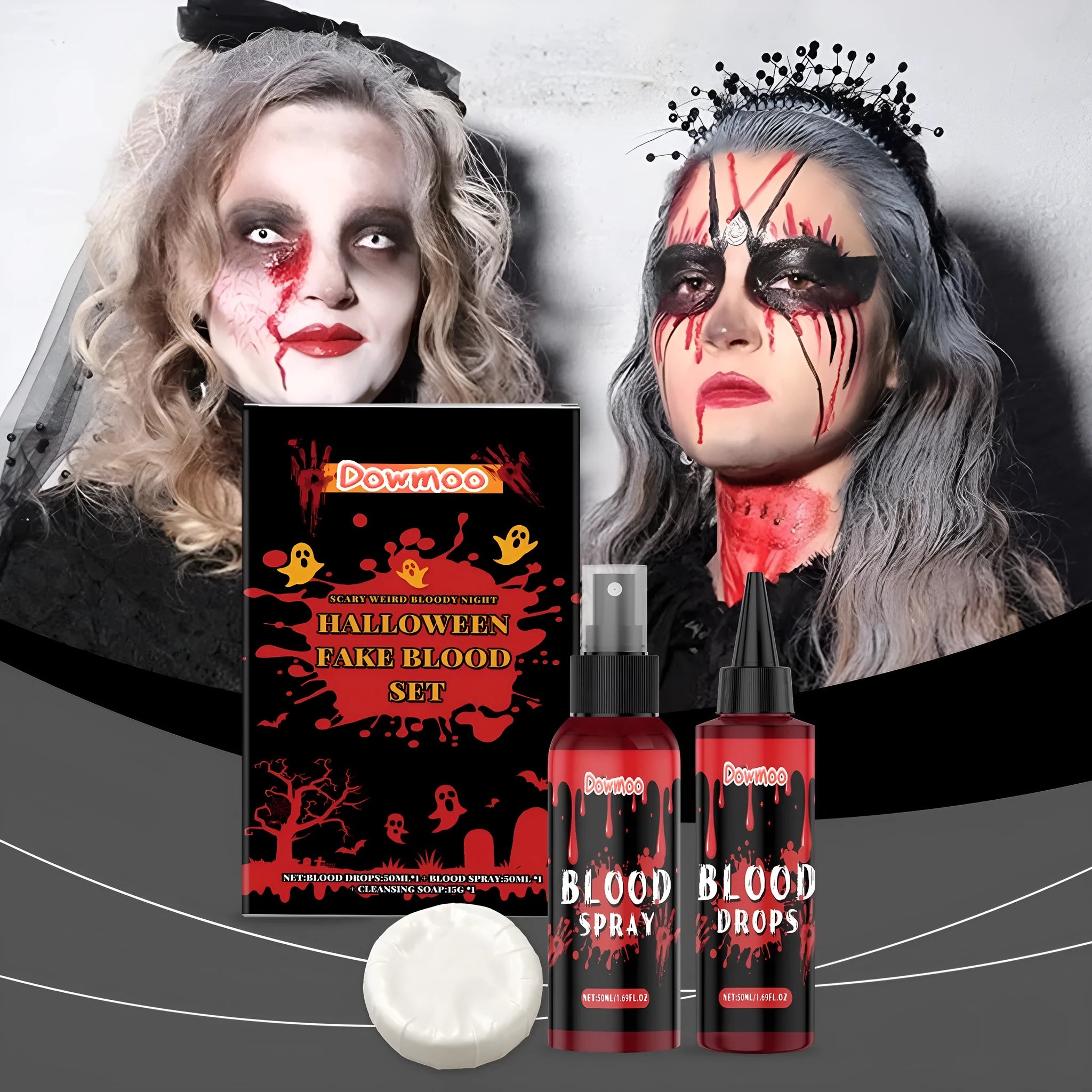 3-piece washable fake blood kit with plasma drops, spray, and facial soap for Halloween special effects
