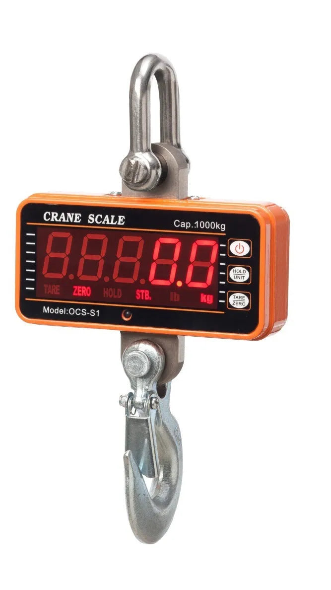 Orange electronic crane scale with digital display, shown suspended for industrial weighing.
