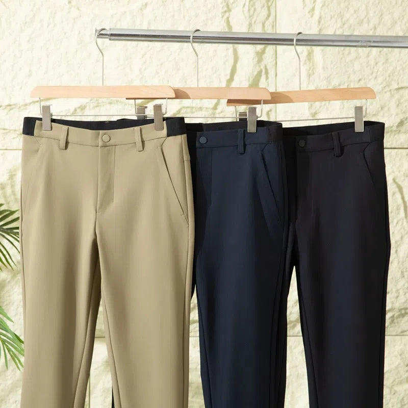 Men's straight leg casual pants in Army Green, slightly elastic, blended nylon fabric, mid-rise waist
