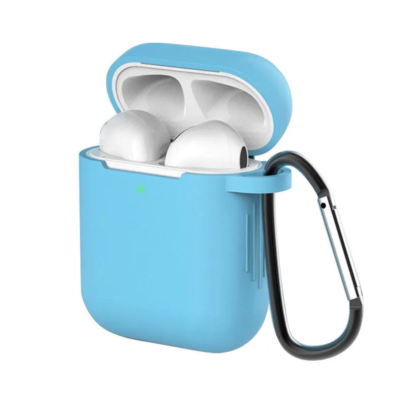 Silicone AirPods case for AirPods 1 and 2 in various colour options showing clamshell design