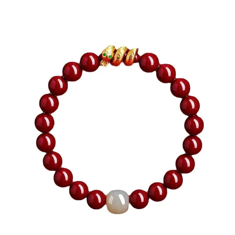 Handmade cinnabar snake zodiac bracelet in Chinese style with 6mm or 8mm bead options