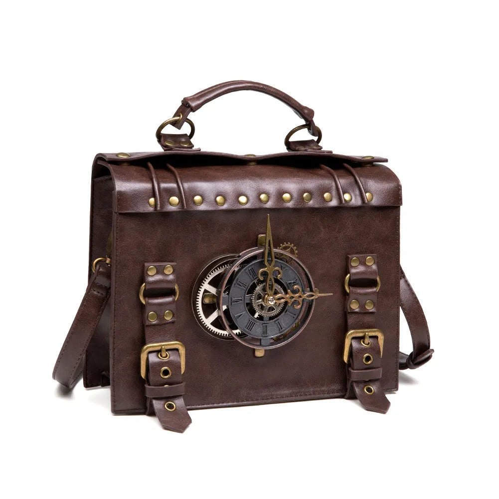 Bronze steampunk shoulder bag with textured PU, metal hardware, and square pillow shape.