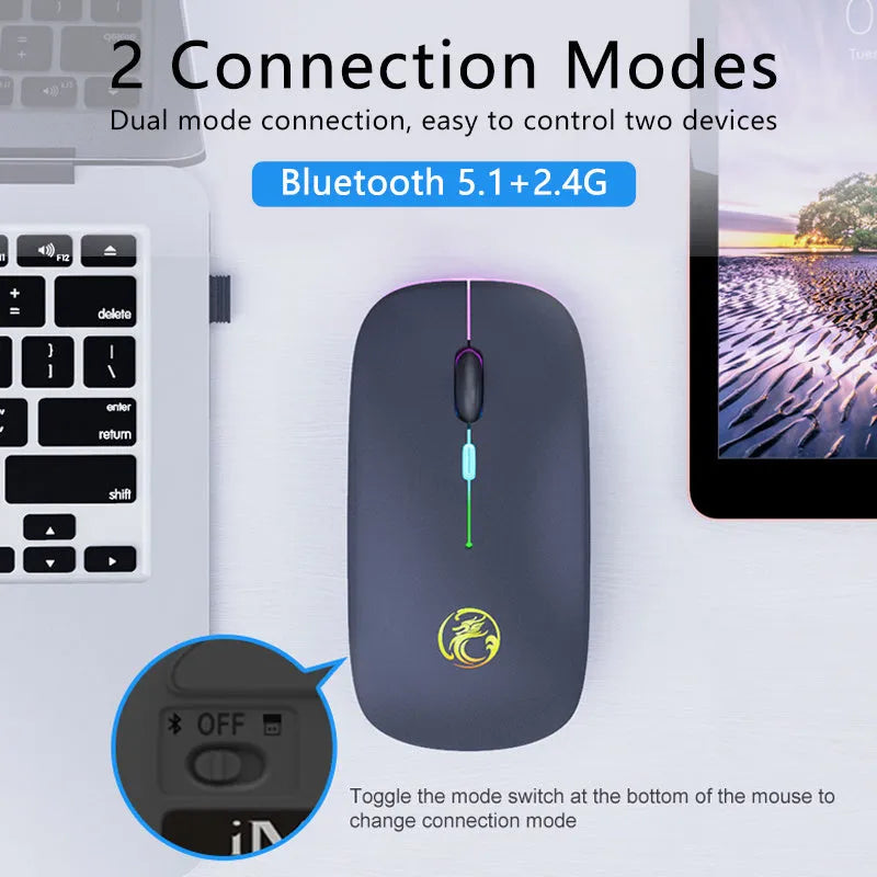 Black or white dual-mode wireless silent mouse with a scroll wheel and charging port.